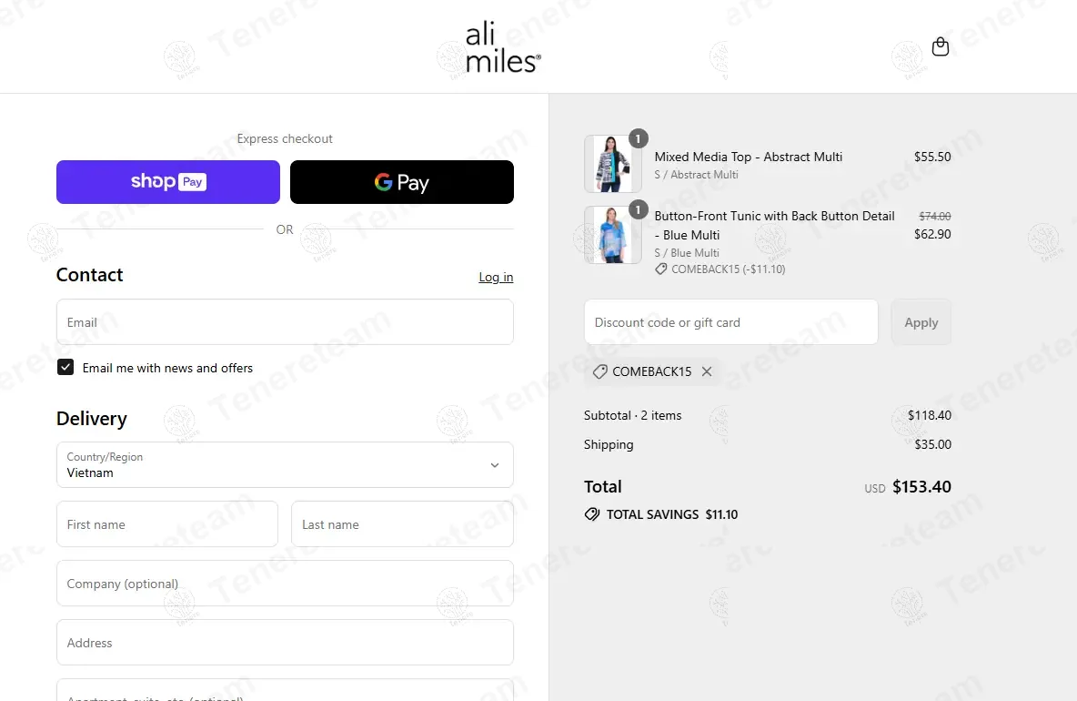 Ali Miles coupon code: 15% off with COMEBACK15. Tested and valid as 10 months ago.