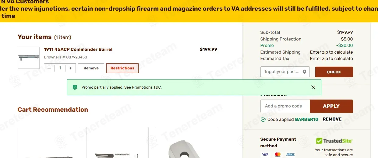 Brownells coupon code: 10% off with BARBER10. Tested and valid as 1 week ago.