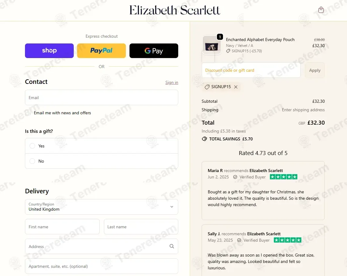 Elizabeth Scarlett coupon code: 15% off with SIGNUP15. Tested and valid as 6 months ago.