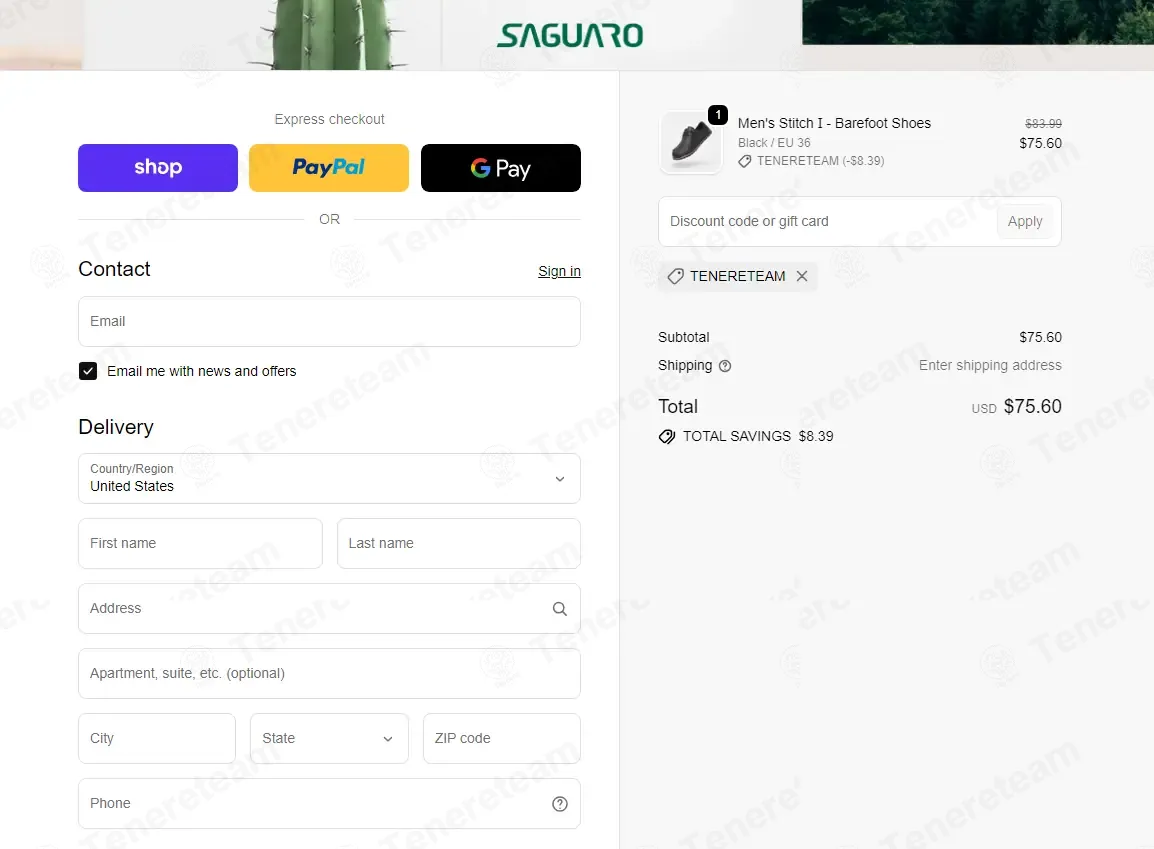 Saguaro Shoes coupon code: 10% off with TENERETEAM. Tested and valid as 1 month ago.