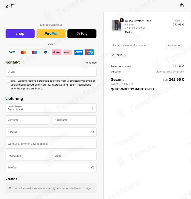 Alpinestars DE coupon code: 10% off with ZP10. Tested and valid as 1 month ago.