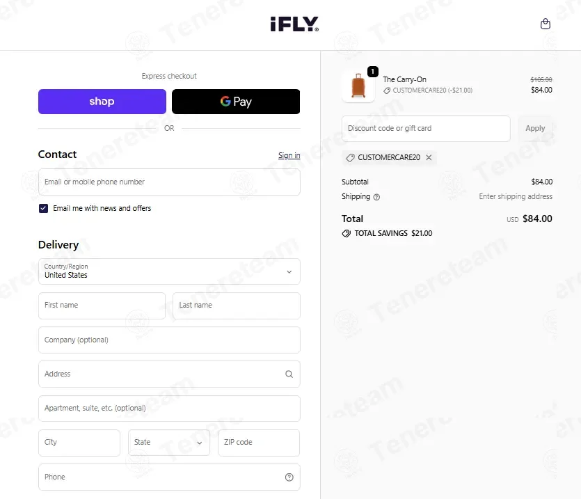 IFly Luggage coupon code: 20% off with CUSTOMERCARE20. Tested and valid as 2 weeks ago.
