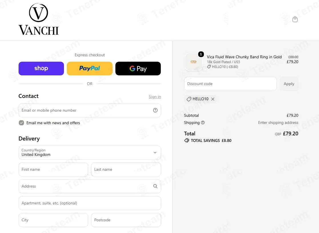 Vanchi Jewellery coupon code: 10% off with HELLO10. Tested and valid as 1 week ago.