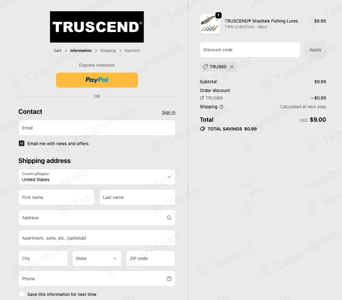 Truscend Fishing coupon code: 10% off with TRUS60. Tested and valid as 1 month ago.