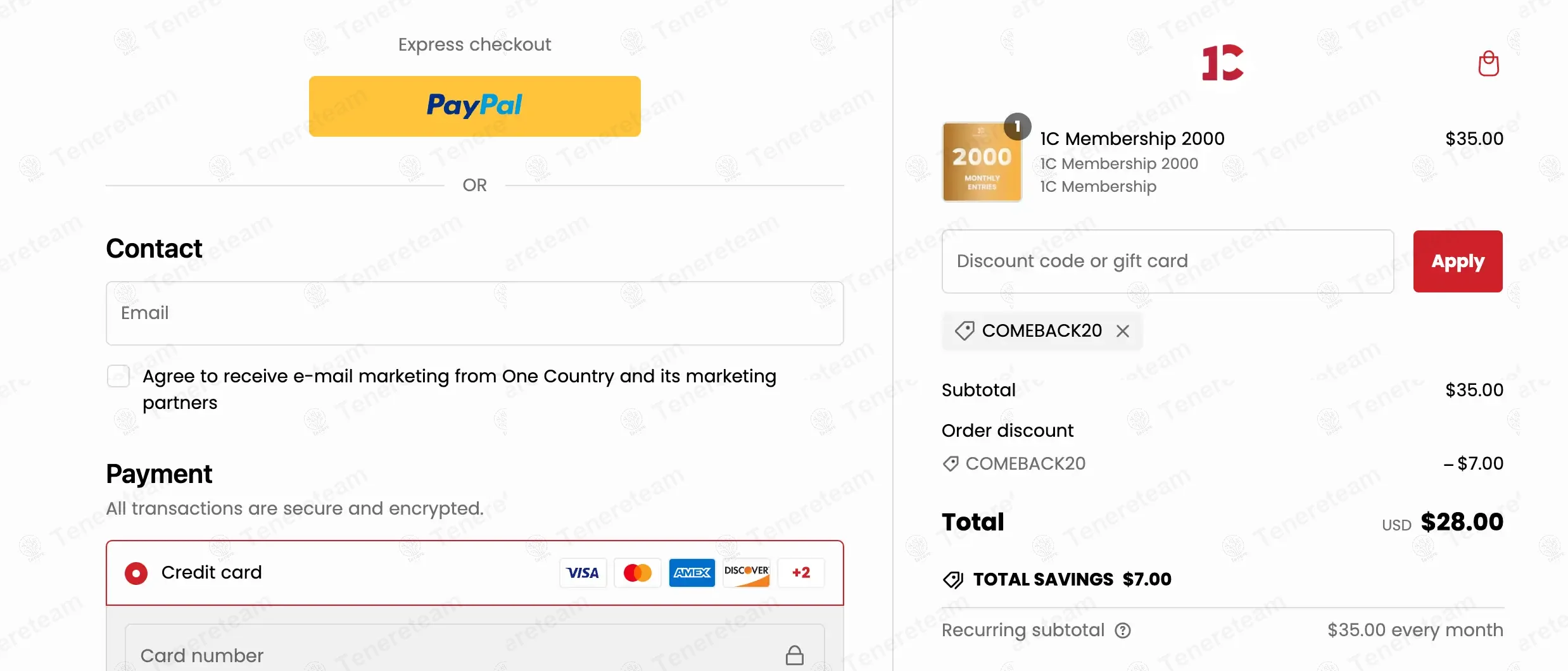 One Country coupon code: 20% off with COMEBACK20. Tested and valid as 1 year ago.