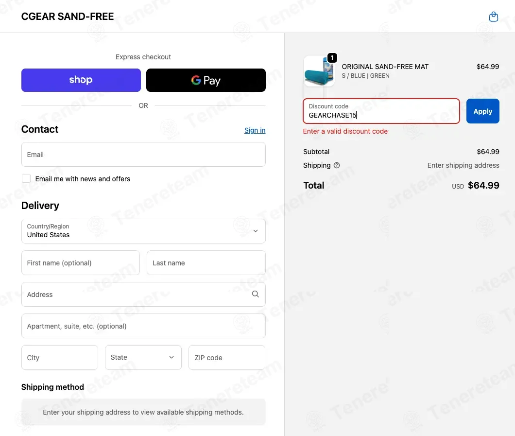 CGear Sand Free coupon code: 15% off with GEARCHASE15. Tested and valid as 3 months ago.