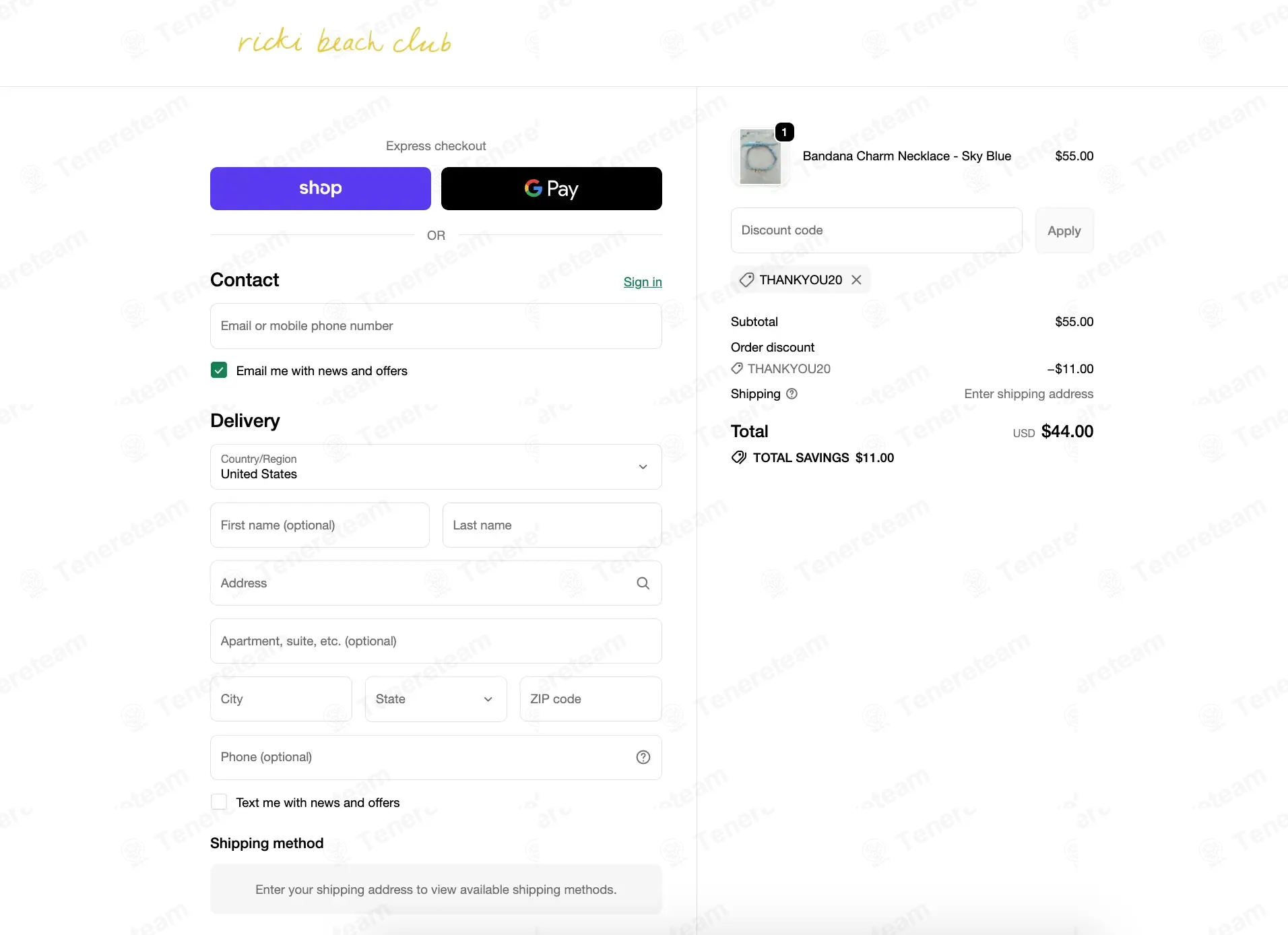Ricki Beach Club coupon code: 20% off with THANKYOU20. Tested and valid as 2 weeks ago.
