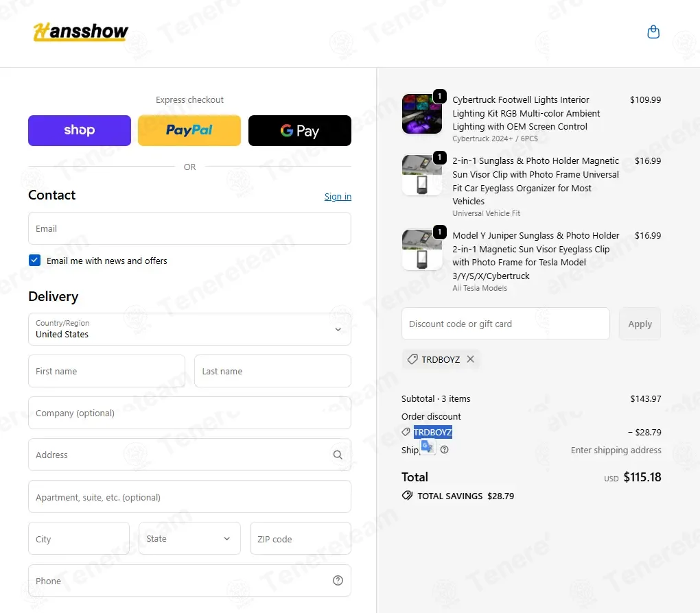 Hansshow Auto Parts coupon code: 20% off with TRDBOYZ. Tested and valid as 1 week ago.