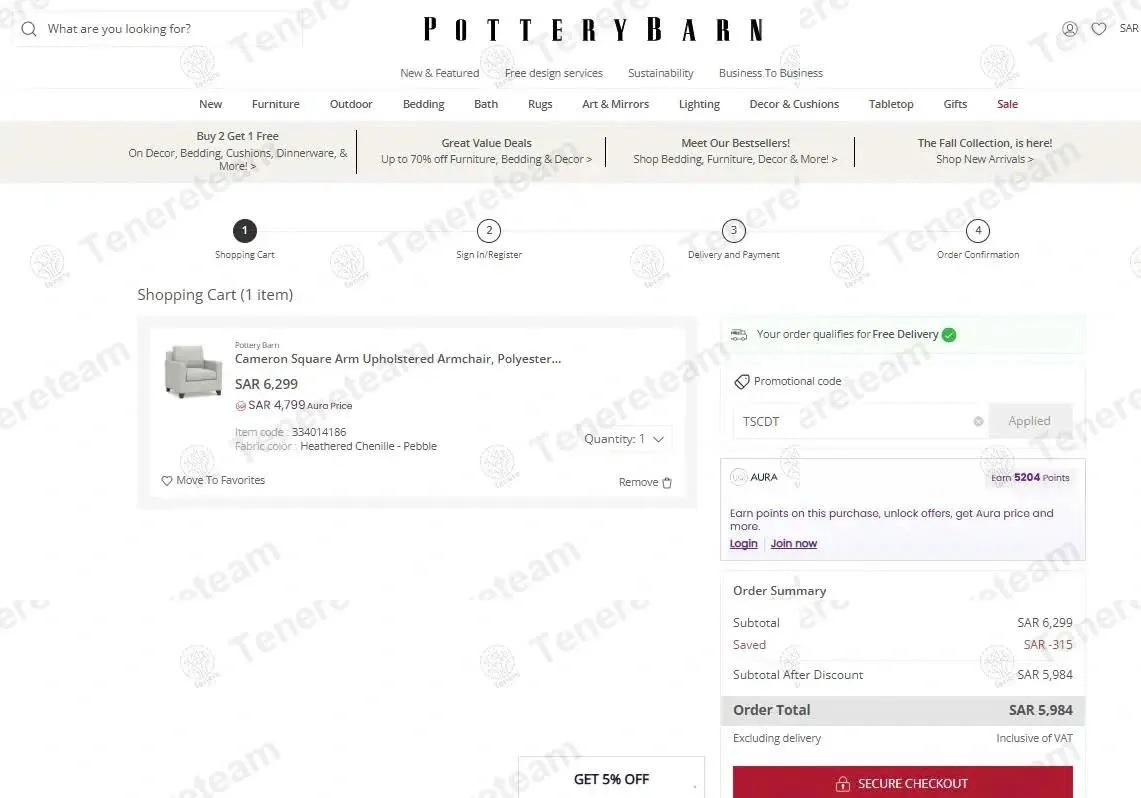 Pottery Barn SA coupon code: 5% off with TSCDT. Tested and valid as 8 months ago.