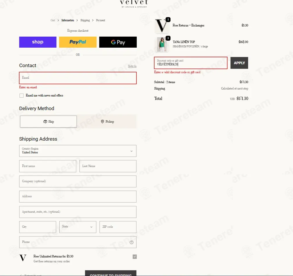Velvet Tees coupon code: 20% off with VELVETPERK20. Tested and valid as 2 weeks ago.