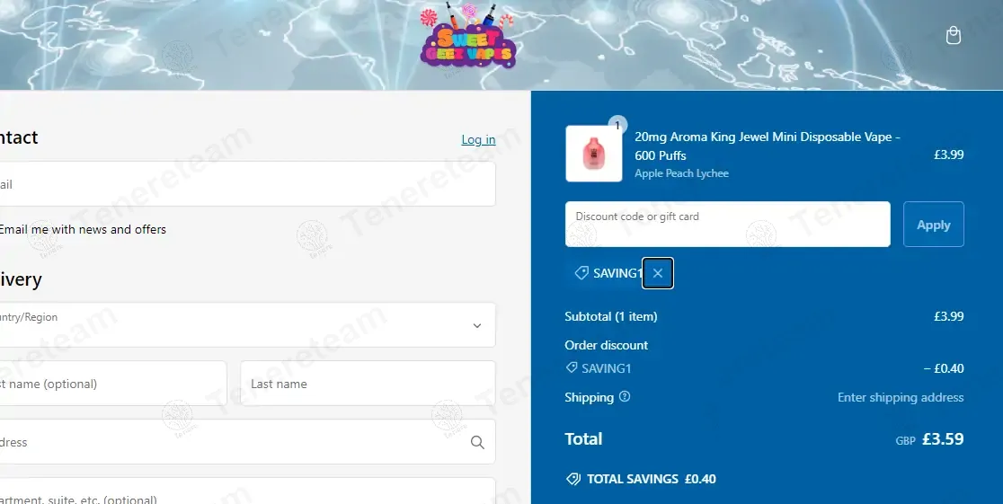 Sweet Geez Vapes coupon code: 10% off with SAVING1. Tested and valid as 1 year ago.