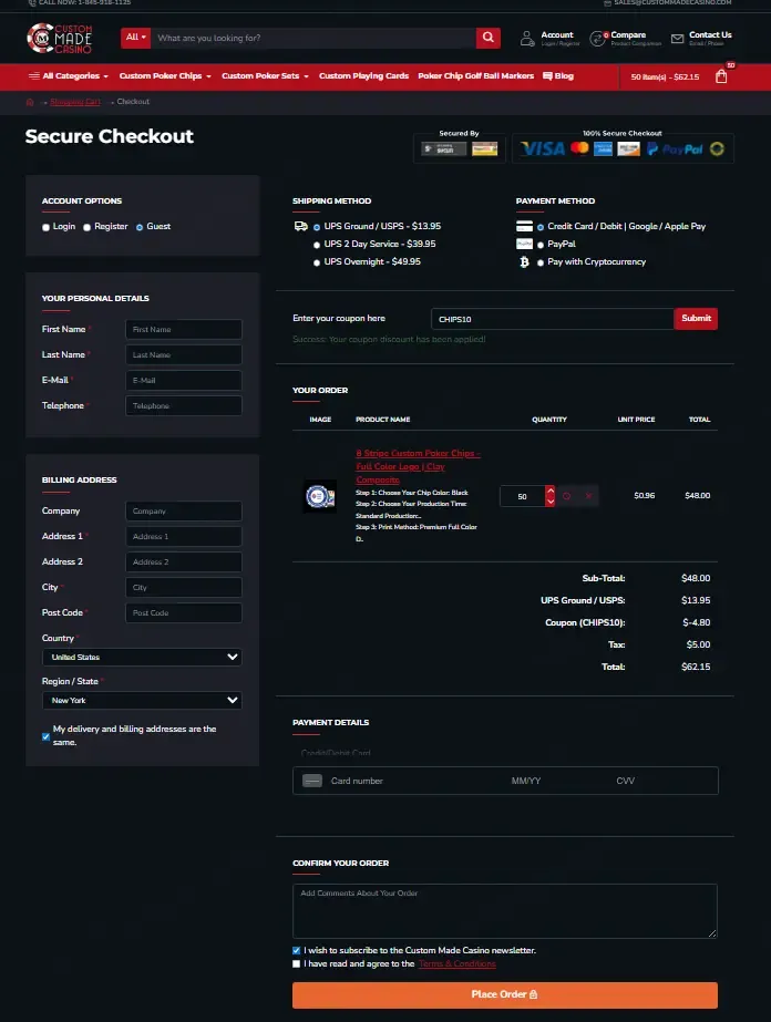 Custom Made Casino coupon code: 10% off with CHIPS10. Tested and valid as 4 weeks ago.
