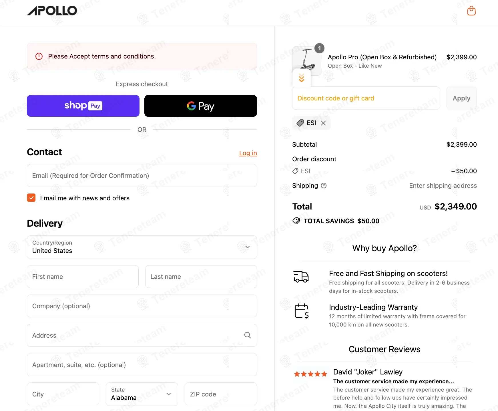 Apollo Scooters coupon code: $50 off with ESI. Tested and valid as 11 months ago.