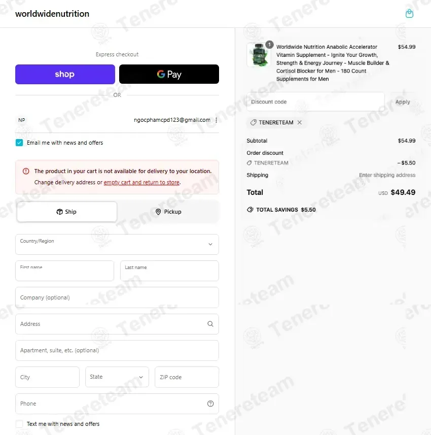 Worldwide Nutrition coupon code: 10% off with TENERETEAM. Tested and valid as 2 months ago.