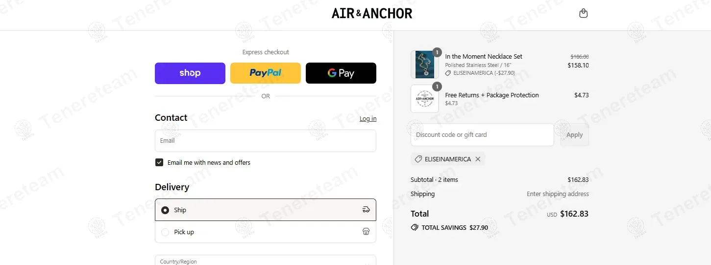Air And Anchor coupon code: 15% off with ELISEINAMERICA. Tested and valid as 9 months ago.