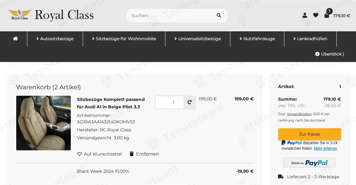 Royal Sitzbezuege DE coupon code: 10% off with black10. Tested and valid as 1 year ago.
