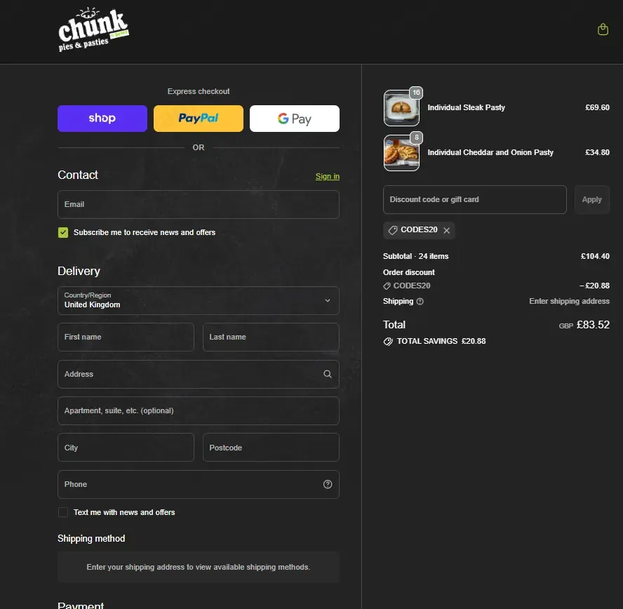 Chunk of Devon coupon code: 20% off with CODES20. Tested and valid as 1 month ago.