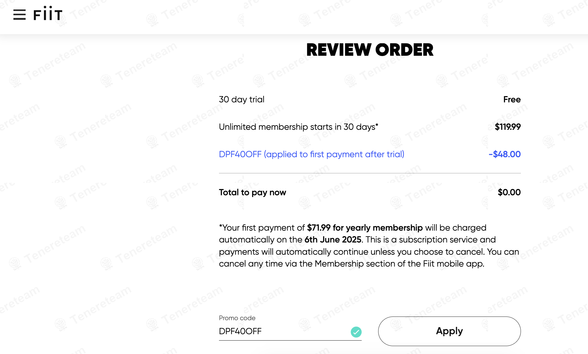 Fiit.tv coupon code: 40% off with DPF40OFF. Tested and valid as 1 year ago.