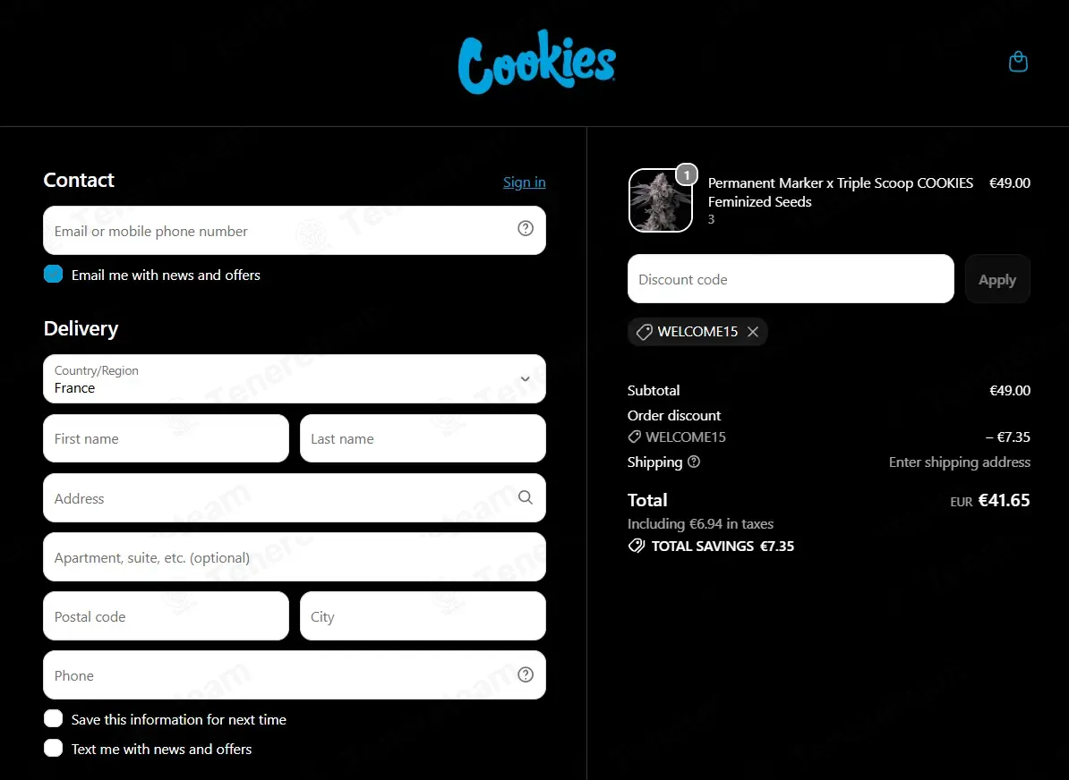 Cookies Seed Bank coupon code: 15% off with WELCOME15. Tested and valid as 1 week ago.