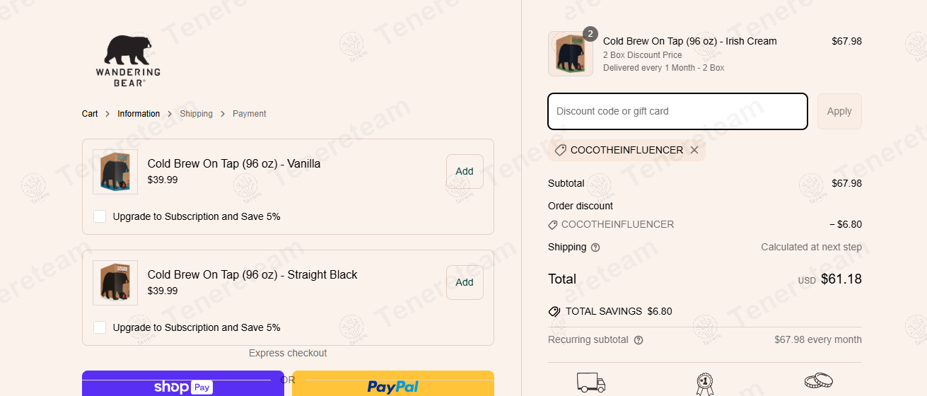 Wandering Bear Coffee coupon code: 10% off with COCOTHEINFLUENCER. Tested and valid as 1 year ago.