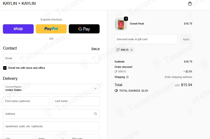 Kaylin and Kaylin coupon code: 15% off with 50K15. Tested and valid as 1 month ago.