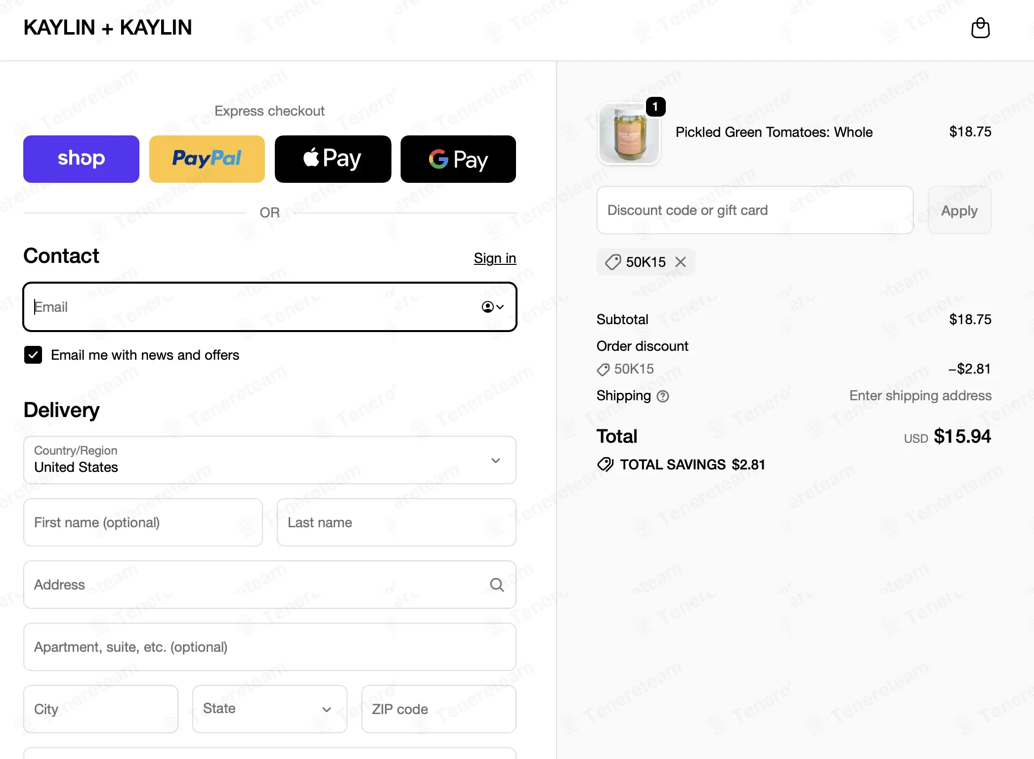 Kaylin and Kaylin coupon code: 15% off with 50K15. Tested and valid as 1 month ago.