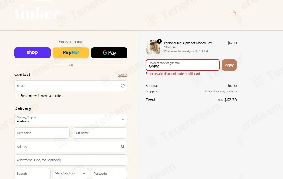 Timber Tinkers coupon code: 20% off with SAVE20. Tested and valid as 1 month ago.