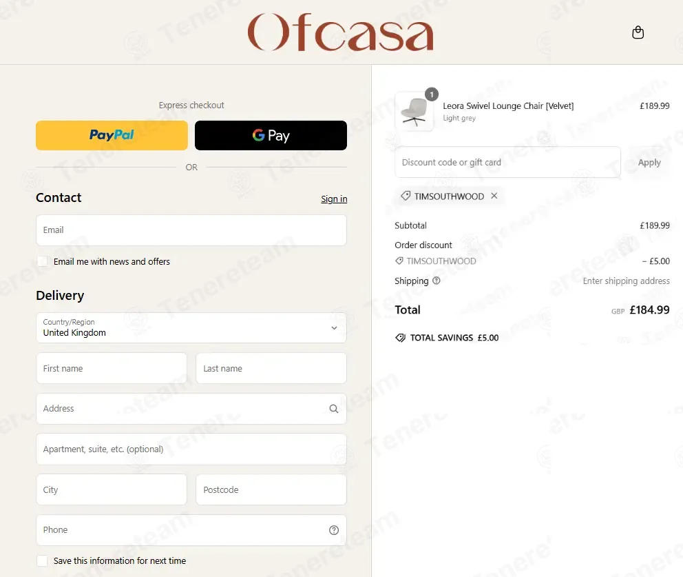 Ofcasa Furniture coupon code: £5 off with TIMSOUTHWOOD. Tested and valid as 7 months ago.
