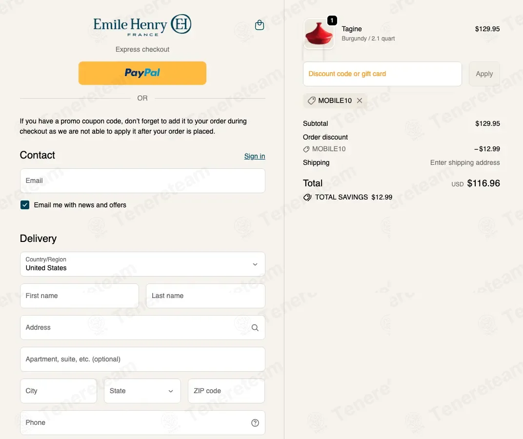 Emile Henry USA coupon code: 10% off with MOBILE10. Tested and valid as 7 months ago.