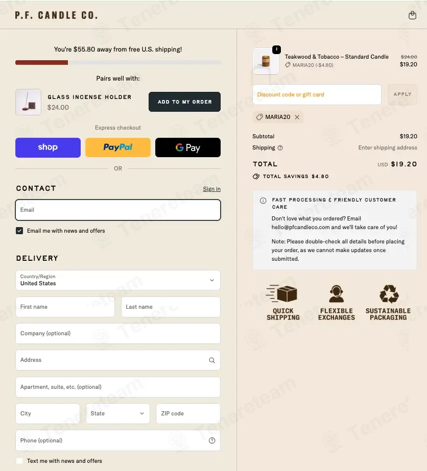 P F Candle Co coupon code: 20% off with MARIA20. Tested and valid as 6 months ago.