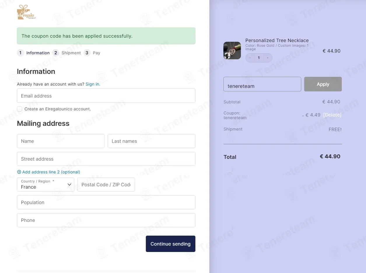El Regalo Unico coupon code: 10% off with tenereteam. Tested and valid as 9 months ago.