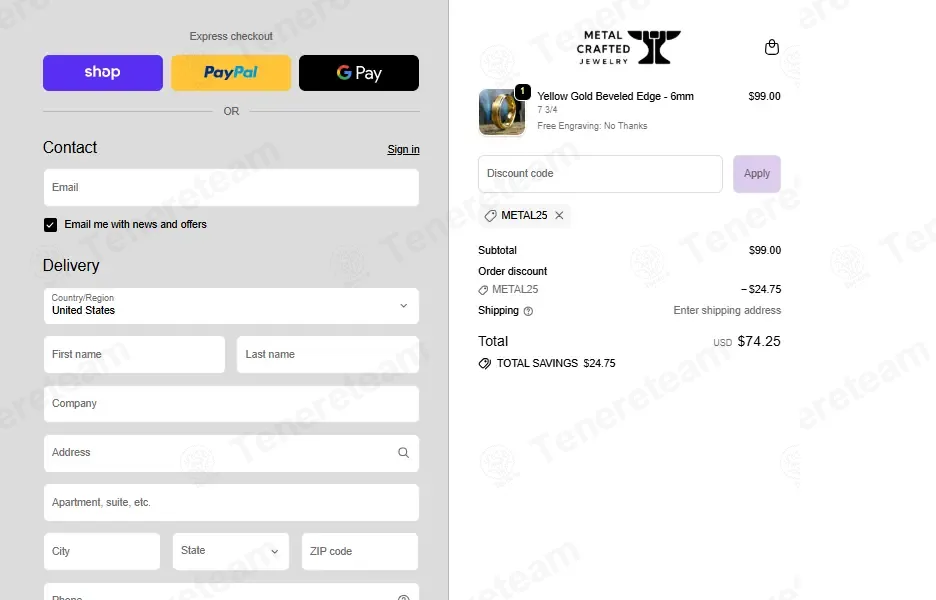 Metal Crafted Jewelry coupon code: 25% off with metal25. Tested and valid as 3 months ago.