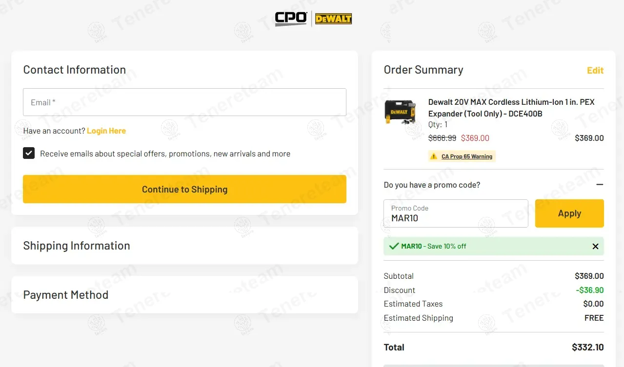 CPO Dewalt coupon code: 10% off with MAR10. Tested and valid as 1 month ago.