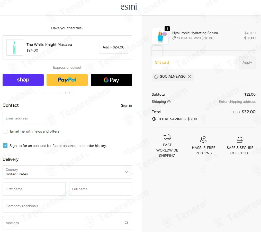 Esmi AU coupon code: 20% off with SOCIALNEW20. Tested and valid as 7 months ago.