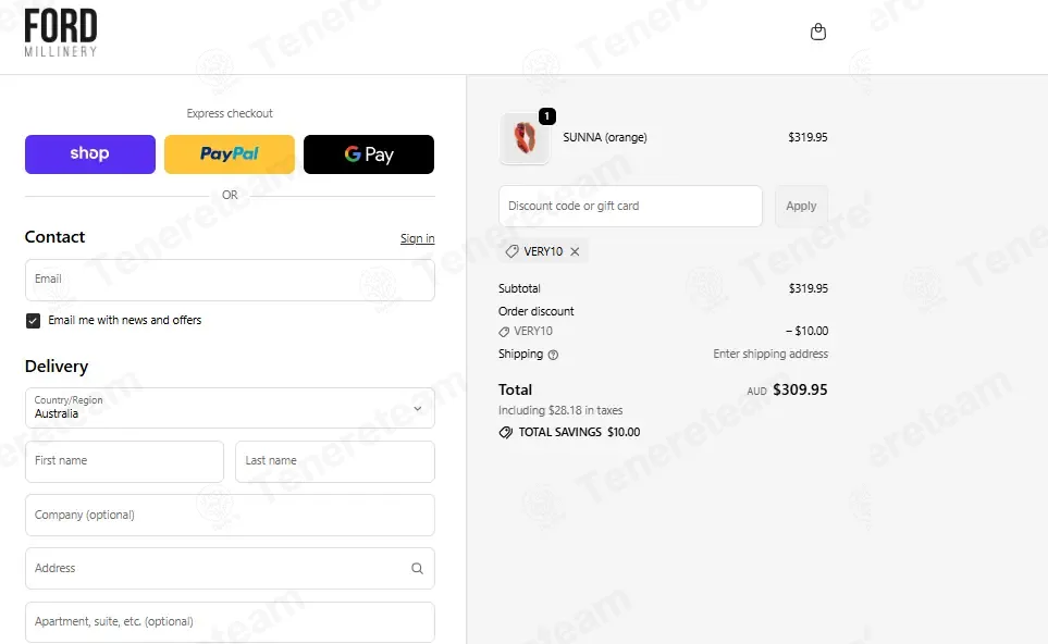 FORD MILLINERY coupon code: $10 off with VERY10. Tested and valid as 5 days ago.
