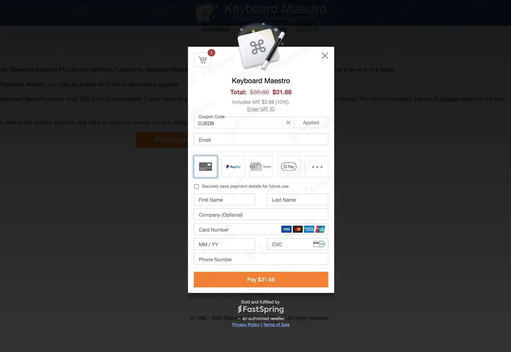 Keyboard Maestro coupon code: 10% off with CUEDB. Tested and valid as 6 months ago.