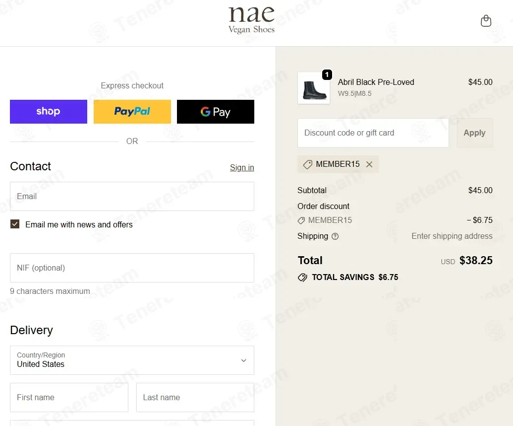 Nae Vegan Shoes coupon code: 15% off with MEMBER15. Tested and valid as 1 month ago.