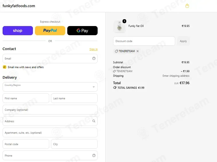 Funky Fat Foods coupon code: 10% off with TENERETEAM. Tested and valid as 3 weeks ago.