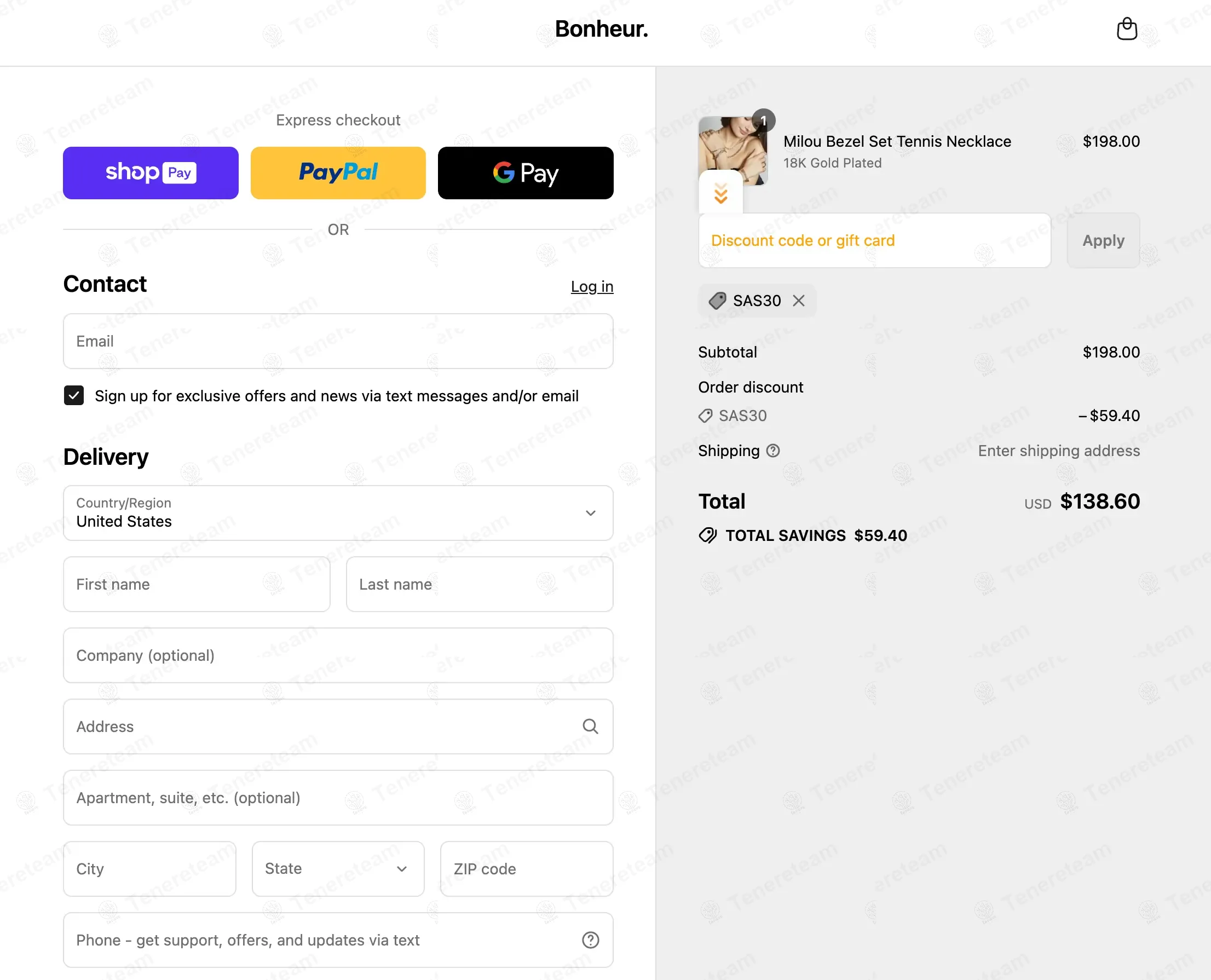 Bonheur Jewelry coupon code: 30% off with SAS30. Tested and valid as 10 months ago.