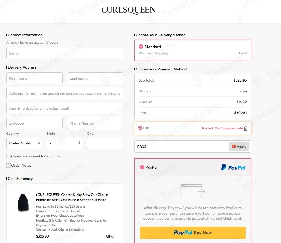 CurlsQueen coupon code: 5% off with FB05. Tested and valid as 1 week ago.