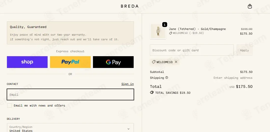 Breda Watch coupon code: 10% off with WELCOME10. Tested and valid as 6 months ago.