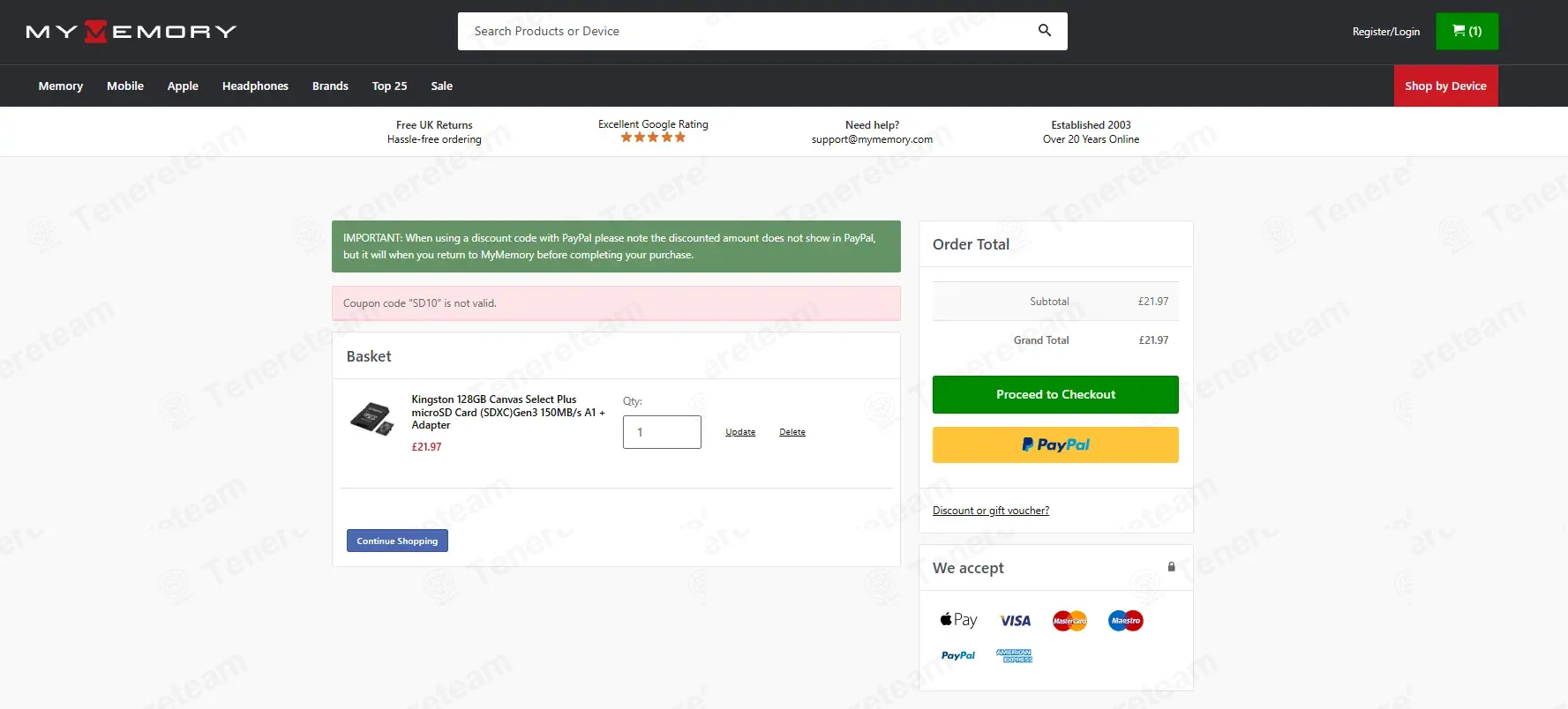 My Memory UK coupon code: 10% off with SD10. Tested and valid as 2 weeks ago.
