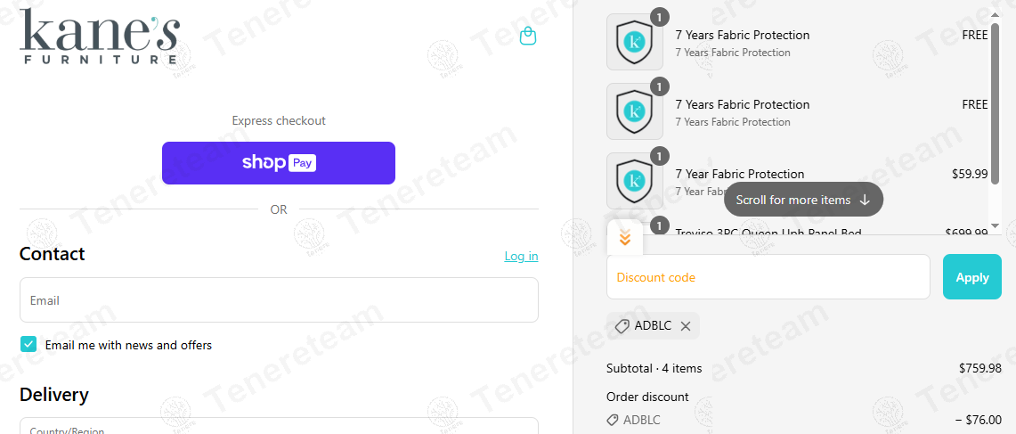 Kane's Furniture coupon code: 10% off with ADBLC. Tested and valid as 8 months ago.
