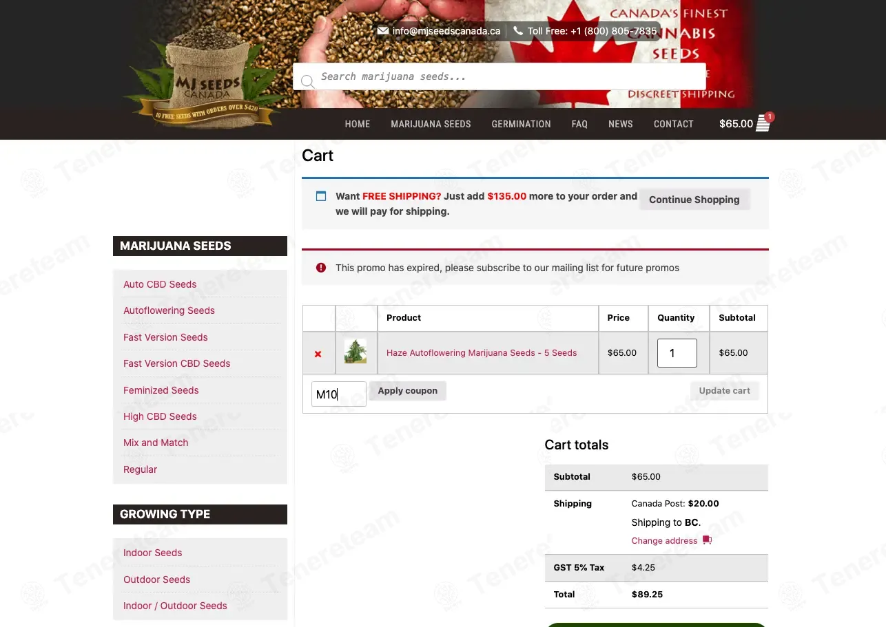 MJ Seeds Canada CA coupon code: 10% off with M10. Tested and valid as 3 months ago.