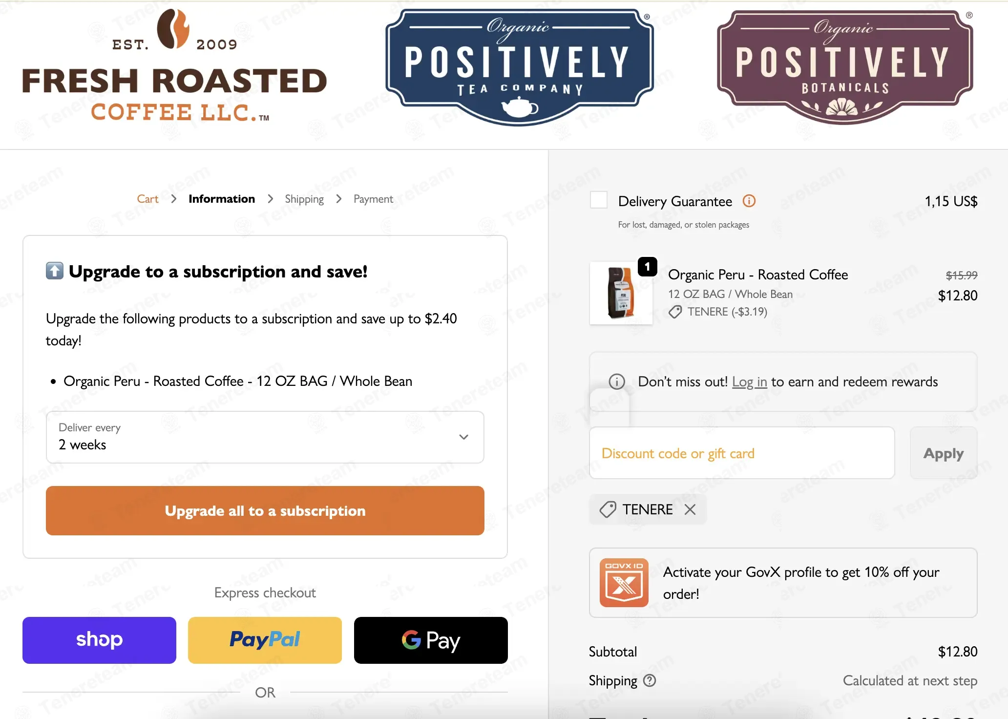 Fresh Roasted Coffee coupon code: 20% off with TENERE. Tested and valid as 1 week ago.