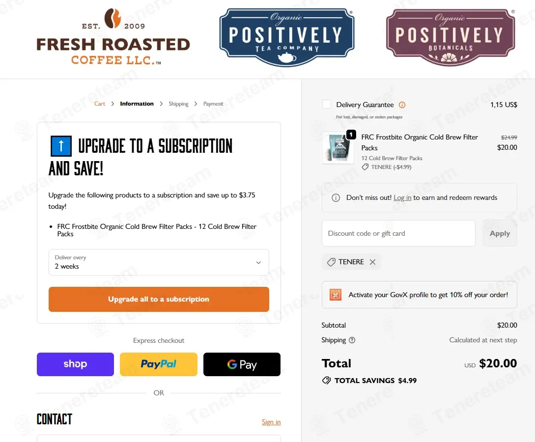 Fresh Roasted Coffee coupon code: 20% off with TENERE. Tested and valid as 1 week ago.