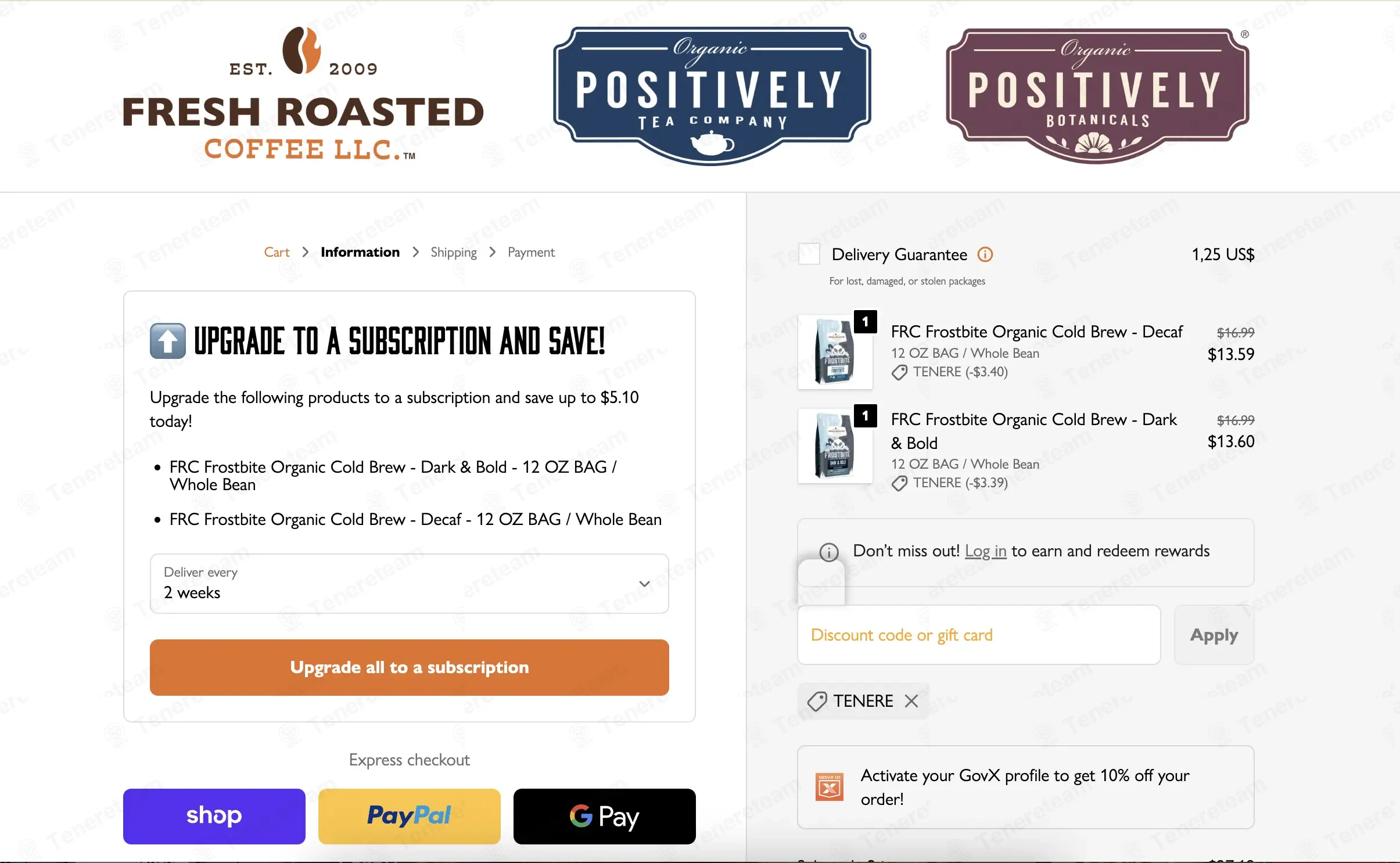 Fresh Roasted Coffee coupon code: 20% off with TENERE. Tested and valid as 1 week ago.