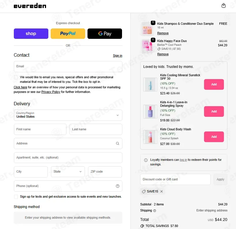 Evereden coupon code: 15% off with SAVE15. Tested and valid as 1 month ago.