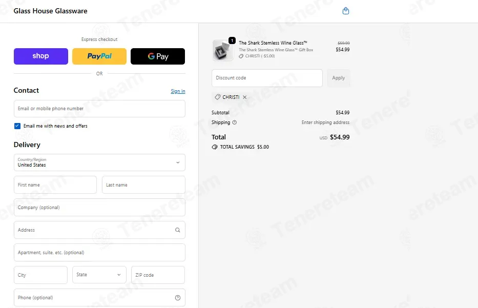 Glass House Glassware coupon code: $5 off with Christi. Tested and valid as 3 weeks ago.