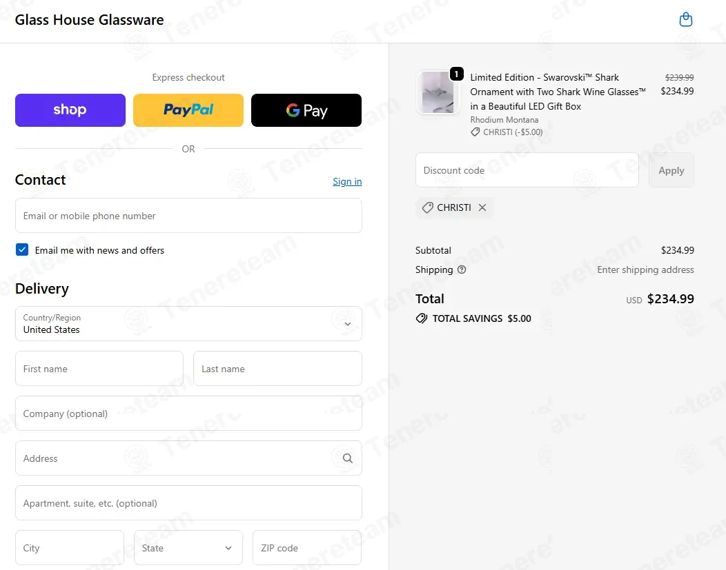 Glass House Glassware coupon code: $5 off with Christi. Tested and valid as 3 weeks ago.